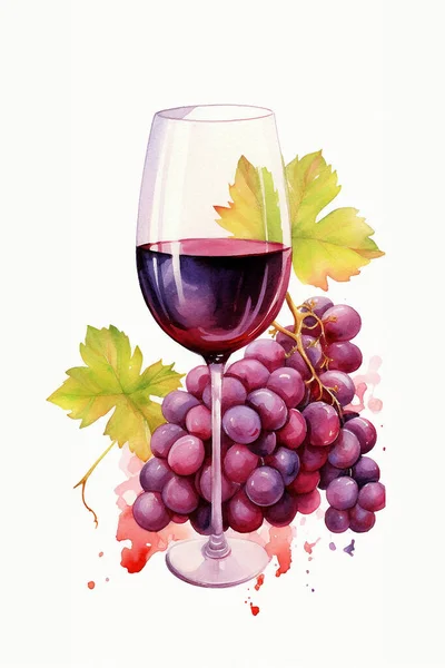 Drawing of a glass with wine and a bunch of grapes with leaves. For your design
