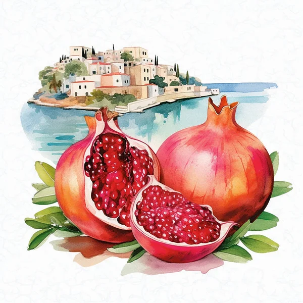 Watercolor drawing of a red pomegranate against the background of the sea and the city on a hill