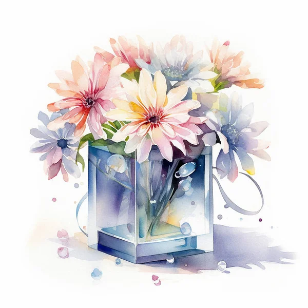 Tekening Van Mooie Bloemen Een Vierkante Vaas Een Witte Achtergrond — Stockfoto