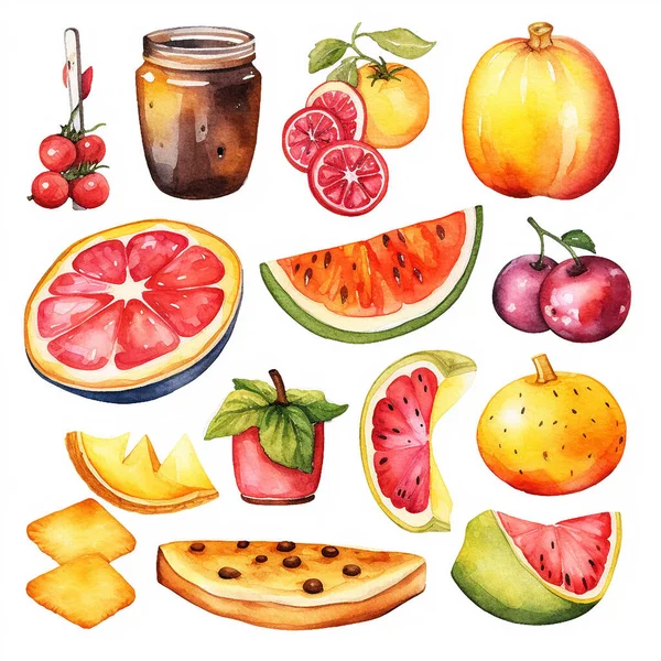 Akwarelowy Rysunek Różnych Pokarmów Owoców Jagód Białym Tle — Zdjęcie stockowe