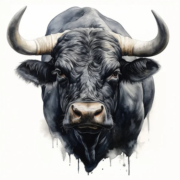 Watercolor drawing of the head of a menacingly black bull on a white background. For your design