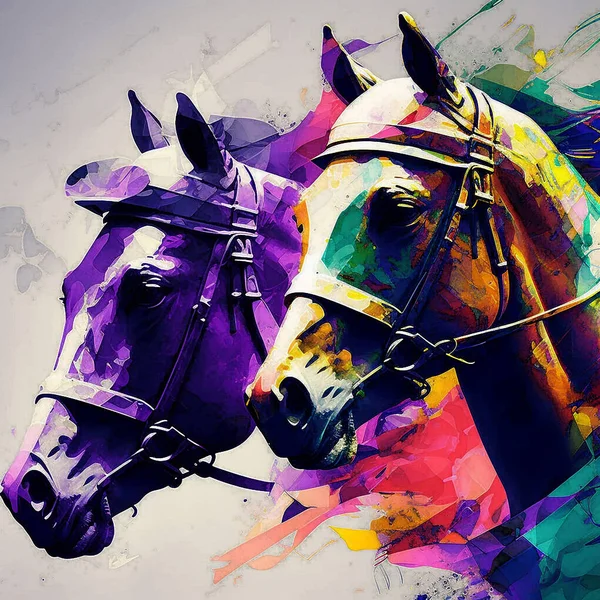 Desenho Cavalos Coloridos Estribos Galopando Fundo Colorido — Fotografia de Stock