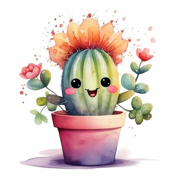 Watercolor drawing of a cartoon cheerful cactus with flowers