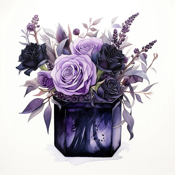 Watercolor drawing of a bouquet of dark and purple roses in a dark vase