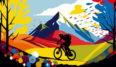 Drawing of an athlete on a mountain bike against the background of colored mountains clipart