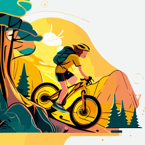 Desenho Atleta Capacete Uma Bicicleta Montanha Contra Fundo Montanhas Coloridas — Vetor de Stock