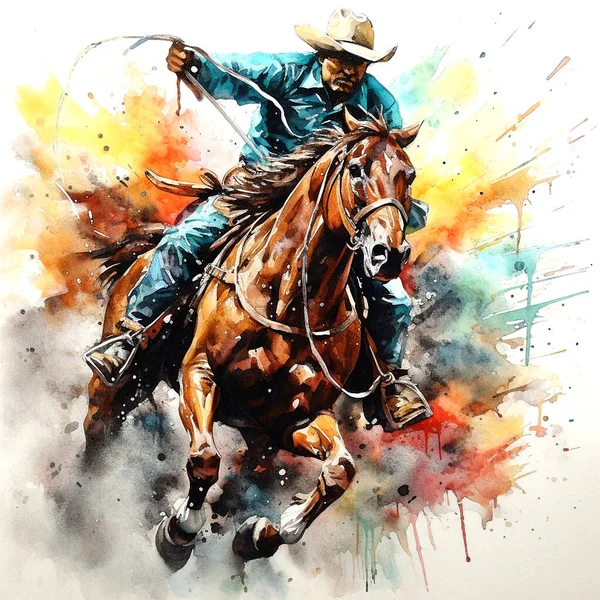 Desenho Aquarela Cowboy Galopante Cavalo Com Laso Para Seu Design — Fotografia de Stock