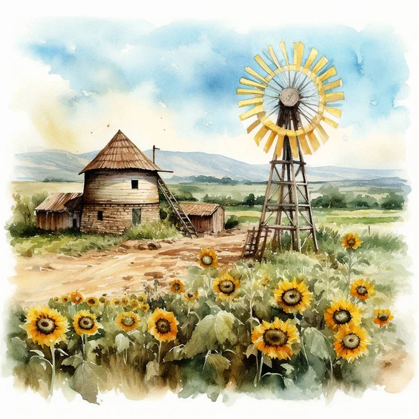 Watercolor drawing of a rural landscape, a windmill and a barn against a background of sunflowers