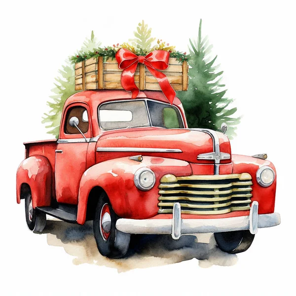 Aquareltekening Van Een Rode Pick Truck Met Kerstcadeaus Kerstbomen Voor — Stockfoto