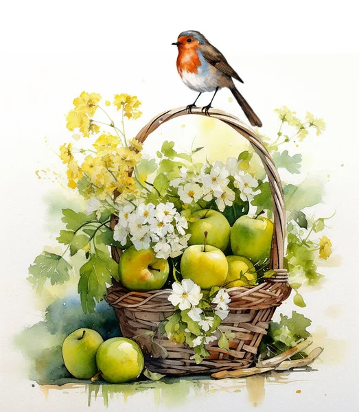 Dibujo Acuarela Una Canasta Mimbre Con Manzanas Flores Hermoso Pájaro — Foto de Stock