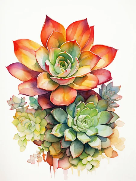 Акварельный Рисунок Цветов Суккуленты Разноцветные Растения Вашего Дизайна Белом Фоне — стоковое фото