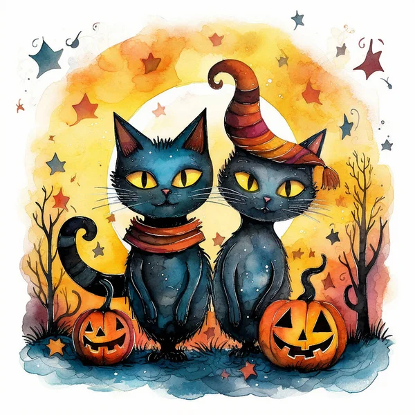 Акварельный Рисунок Смешных Кошек Хэллоуин Фоне Джек Фонарей Заката — стоковое фото