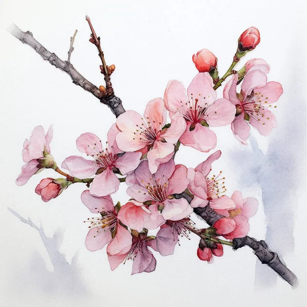 Dibujo Acuarela Una Rama Sakura Floreciente Flores Rosadas Sobre Fondo — Foto de Stock