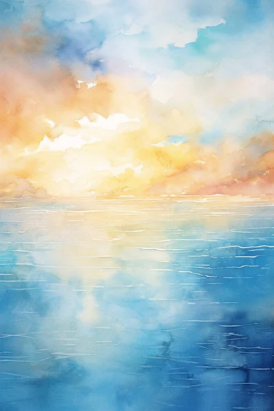 Dibujo Acuarela Paisaje Marino Mar Azul Nubes Colores — Foto de Stock