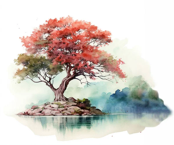 Акварельный Рисунок Цветущего Дерева Острове Опасность Воде — стоковое фото