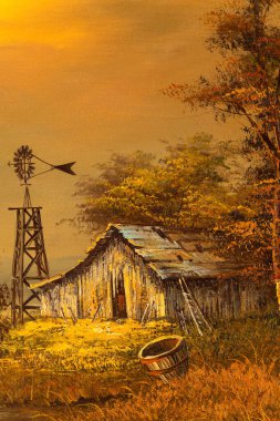 Eski bir manzara çizimi, günbatımında harap bir ahır evi ve yel değirmeni olan bir kır manzarasını tasvir ediyor. Amerikan Güneybatı sanatı.