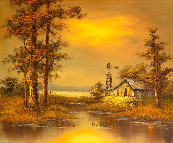 Vintage landscape oil painting depicting a country scene with a dilapidated barn house and windmill at sunset. American Southwest art.