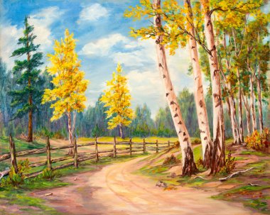 Sonbaharda beyaz huş ağaçları ve ağaçlarla döşenmiş bir köy yolunu betimleyen eski bir yağlı boya tablo. Geleneksel manzara resmi. İzlenimcilik. Sanat.