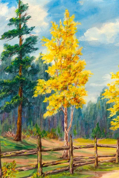 Closeup of an oil painting on canvas depicting a country road with white birch trees and woods in autumn. Traditional landscape painting. Impressionism. Art.
