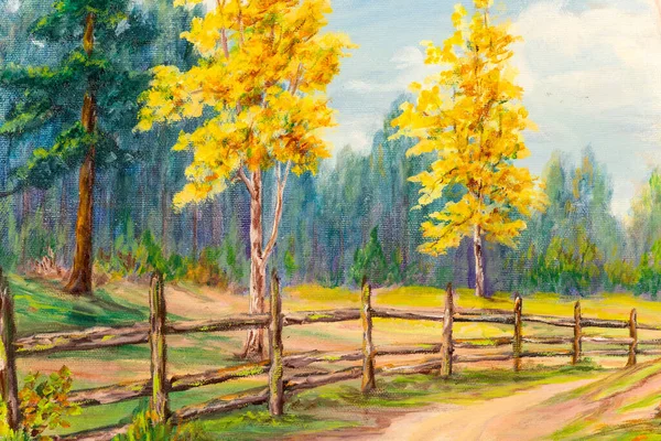 Closeup of an oil painting on canvas depicting a country road with white birch trees and woods in autumn. Traditional landscape painting. Impressionism. Art.