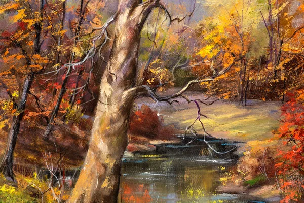 Detail of a vintage oil painting of colorful autumn colored woods and creek on canvas. Traditional landscape painting. Impressionism. Art.
