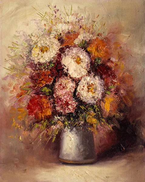 Still life impasto oil painting depicting multi colored dahlia flower heads in a gray vase. Beautiful vintage floral painting.