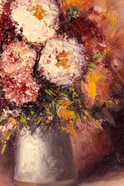 Macro of still life impasto oil painting depicting multi colored dahlia flower heads in a gray vase. Beautiful vintage floral painting.