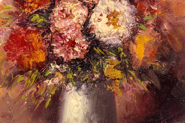 静谧生命的宏观油画描绘了灰色花瓶中的多彩的大丽花头 美丽的老式花卉绘画 — 图库照片
