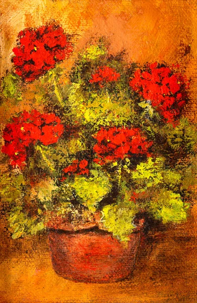 Still life acrylic painting depicting red geranium flowers in a red vase. Beautiful impressionist style floral painting.
