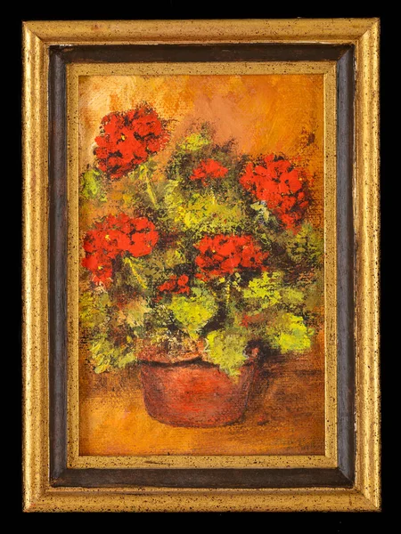 Framed still life acrylic painting depicting red geranium flowers in a red vase. Beautiful impressionist style floral painting.