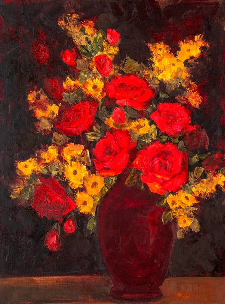 Still life oil painting close up depicting red garden roses and yellow daisies bouquet in a red vase. Beautiful impressionism style floral painting.