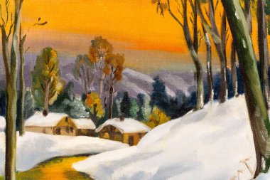 Ormandan akan bir dereyle birlikte kış manzarası yağlı resminin ayrıntıları. Noel Tatili Konsepti.