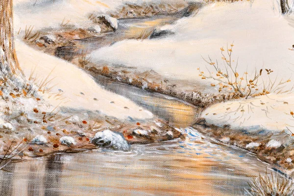 Detail Winter Landscape Oil Painting Stream Flowing Forest Christmas Holiday — Stock Photo, Image