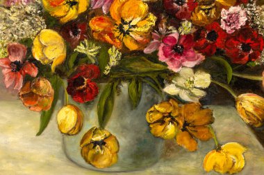 Close up of floral still life oil painting depicting a bouquet of a white lilacs and assortment of various flowers in colorful hues. clipart