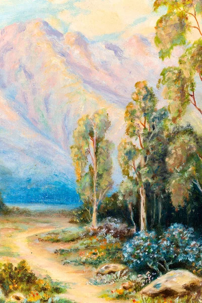 Detail of a vintage oil painting of colorful summer day with trees and wild flowers. Traditional landscape painting. Impressionism. Art.