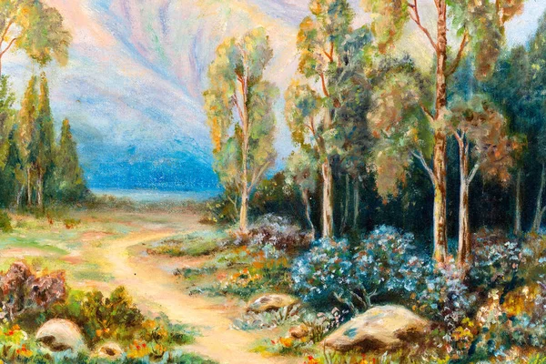 Detalhe Uma Pintura Óleo Vintage Dia Colorido Verão Com Árvores — Fotografia de Stock