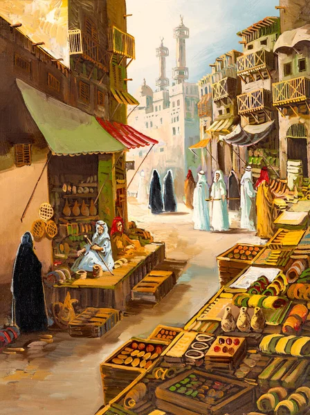 Eski Bir Orta Doğu Pazarını Tasvir Eden Eski Bir Yağlı — Stok fotoğraf