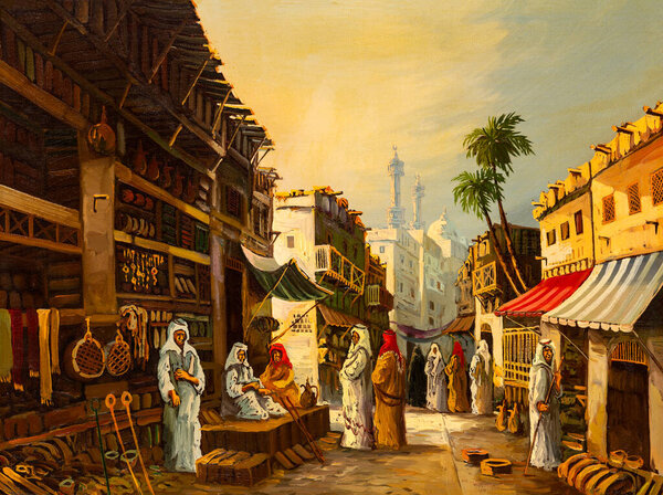 Vintage oil painting depicting an ancient Middle Eastern marketplace, possibly set in Cairo, Egypt, with stalls and an array of merchandise. The artistry evokes the ambiance, spirit, and nostalgic essence of days gone by.