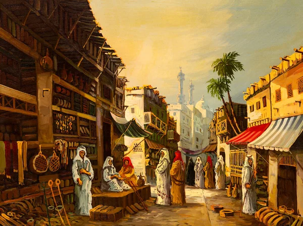 Peinture Huile Vintage Représentant Ancien Marché Moyen Orient Éventuellement Situé Photos De Stock Libres De Droits