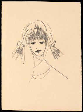 Renkli kağıt üzerinde siyah kalem kullanan genç bir kadın modelin minimalist tarzda çizimi. Moda estetiğinin kavramsal sanatsal portresi..