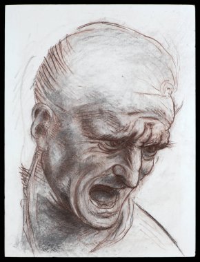 Bu el yapımı kömür ve beyaz kağıt üzerine renkli kalemle yapılan çalışma Leonardo Da Vinci 'nin Anghiari Savaşı için İki Savaşçı Başı Araştırması' ndaki güçlü savaşçı başını yeniden canlandırıyor..