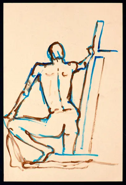 Renkli kâğıt üzerinde boya fırçası. Stüdyo ortamında bir erkek modelin zarafetini ve duruşunu gösteren hızlı bir çizim. İnsan formunun sanatsal bir çizimi..