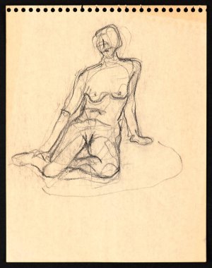 Renkli kağıt üzerinde siyah kömür, bir stüdyo ortamında bir kadın modelin zarafetini ve duruşunu gösteren hızlı bir çizim. İnsan formunun sanatsal bir çizimi..