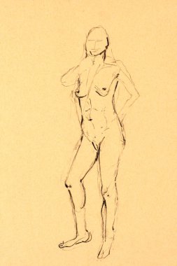 Renkli kağıt üzerinde siyah kömür, bir stüdyo ortamında bir kadın modelin zarafetini ve duruşunu gösteren hızlı bir çizim. İnsan formunun sanatsal bir çizimi..