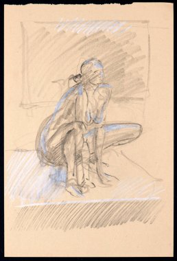 Renkli kağıt üzerinde siyah kömür, bir stüdyo ortamında bir kadın modelin zarafetini ve duruşunu gösteren hızlı bir çizim. İnsan formunun sanatsal bir çizimi..