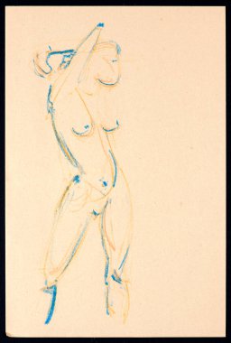 Renkli kağıt üzerinde siyah kömür, bir stüdyo ortamında bir kadın modelin zarafetini ve duruşunu gösteren hızlı bir çizim. İnsan formunun sanatsal bir çizimi..