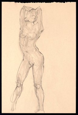 Renkli kağıt üzerinde siyah kömür, bir stüdyo ortamında bir kadın modelin zarafetini ve duruşunu gösteren hızlı bir çizim. İnsan formunun sanatsal bir çizimi..