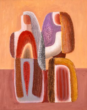 Geleneksel Doğu Avrupa kostümleri giymiş, sıcak tonlar ve stilize şekiller kullanan iki kadını gösteren soyut ve dokulu bir tablo. Kültür ve miras ile ilgili kavramlar.