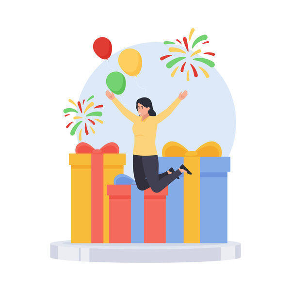 Woman jump happy for gifts metaphor of new year celebration