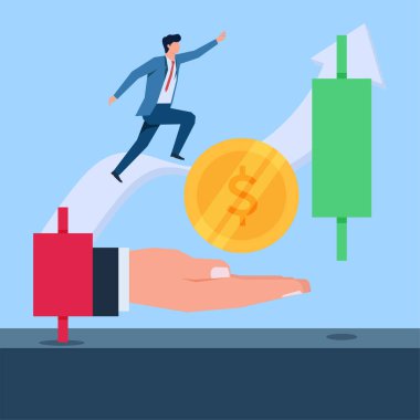 İşadamı bir bardan diğerine atlıyor. Hisse Yatırım illüstrasyonunun metaforu.